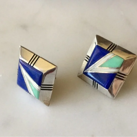 Vintage Gilbert Nelson Native American Lapis Turquoise Navajo Earrings - Picture 12 of 14